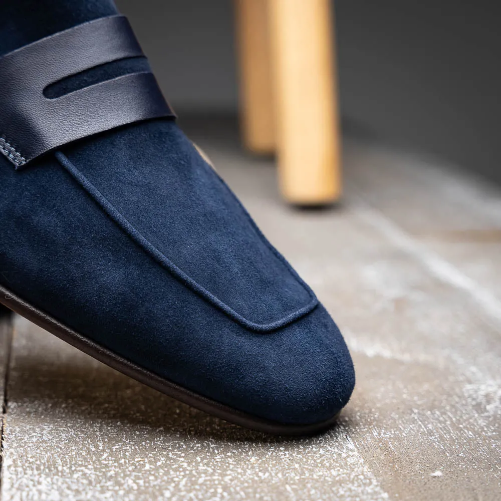 16-672-NVY Tippa Suede & Calfskin Penny Loafers Navy