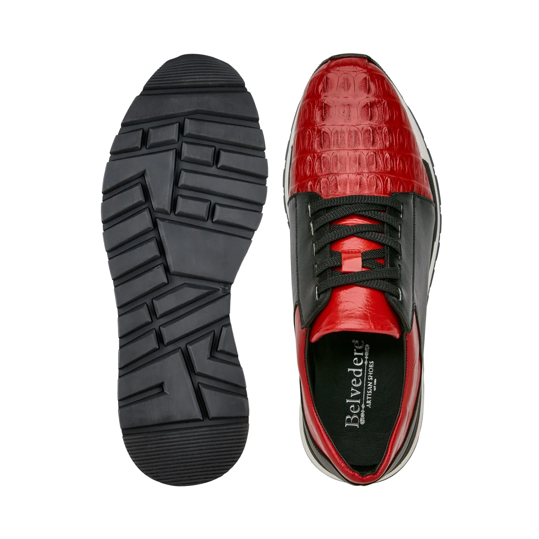 Belvedere 33631 Titan Men's Shoes Black & Red Exotic Caiman Crocodile / Calf-Skin Leather Casual Sneakers (BV3168)