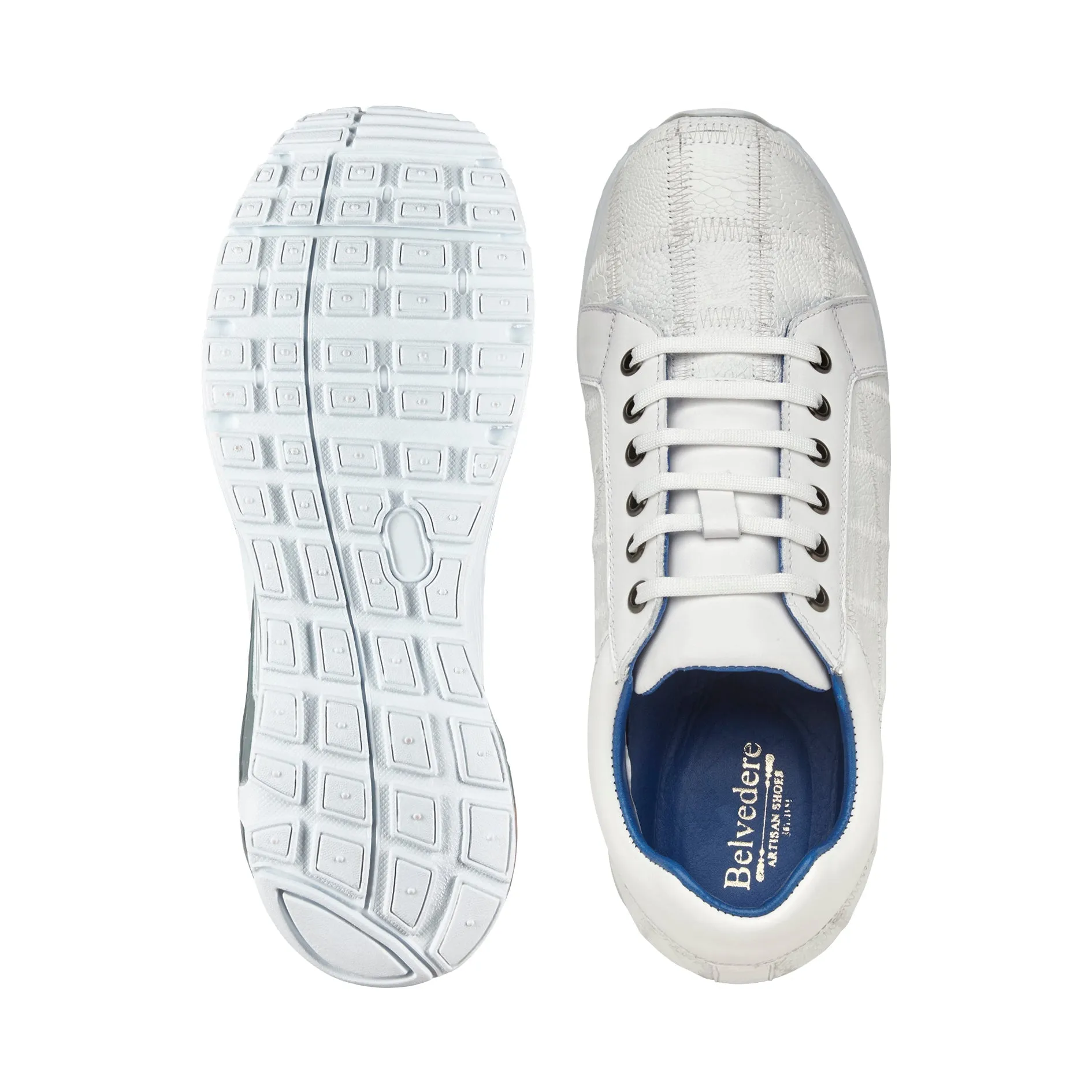 Belvedere Magnus E21 Shoes Men's White Exotic Ostrich Patchwork Casual Sneakers (BV3163)