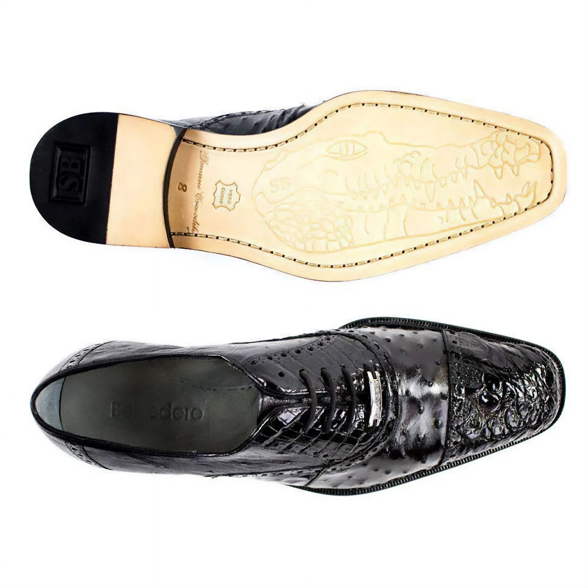 Belvedere Onesto II in Black Genuine Ostrich & Crocodile Oxfords