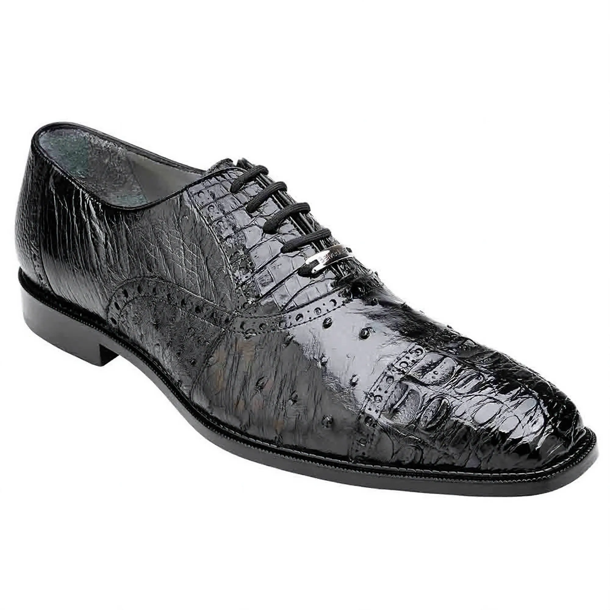 Belvedere Onesto II in Black Genuine Ostrich & Crocodile Oxfords