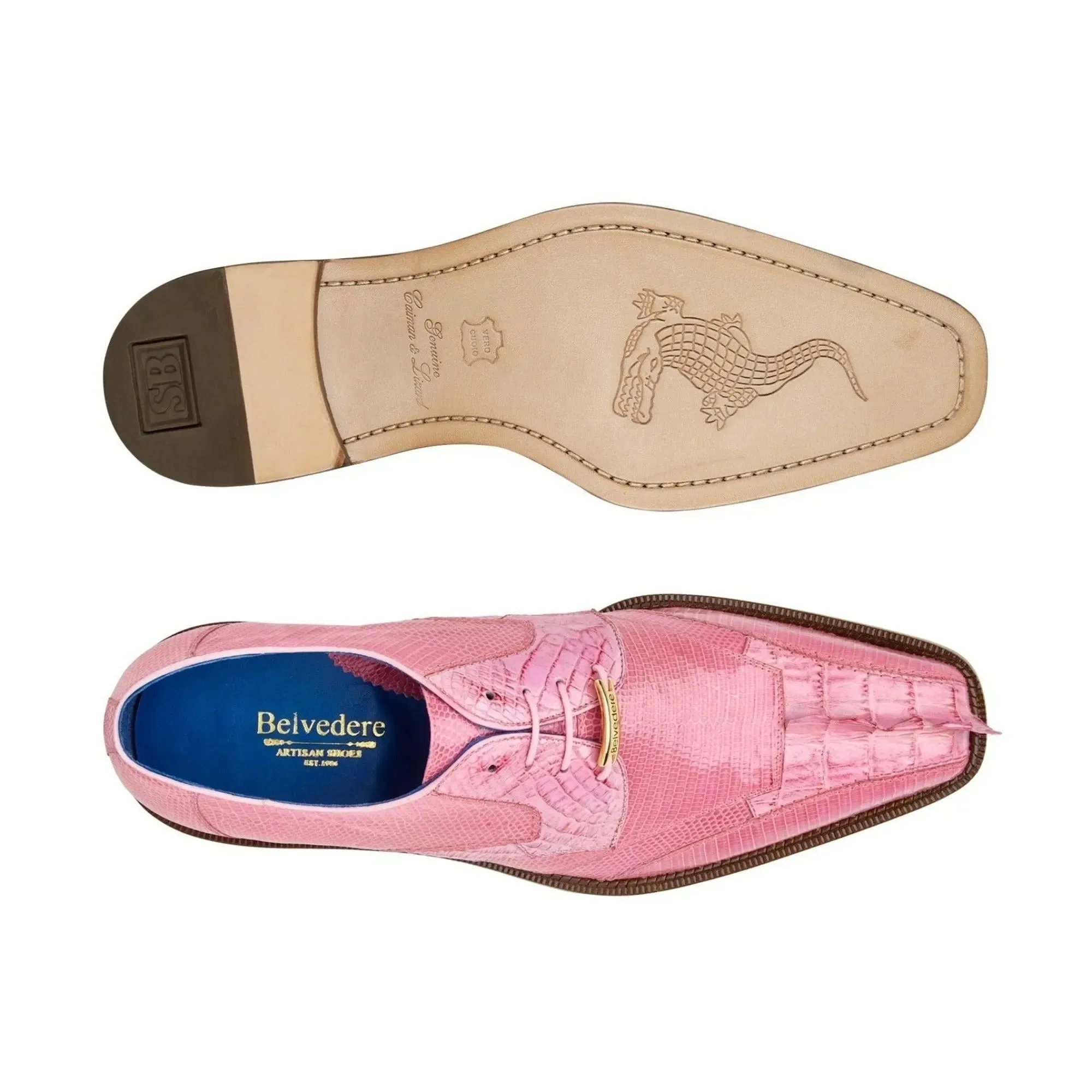 Belvedere Valter in Rose Pink Genuine Caiman Croc & Lizard Oxfords