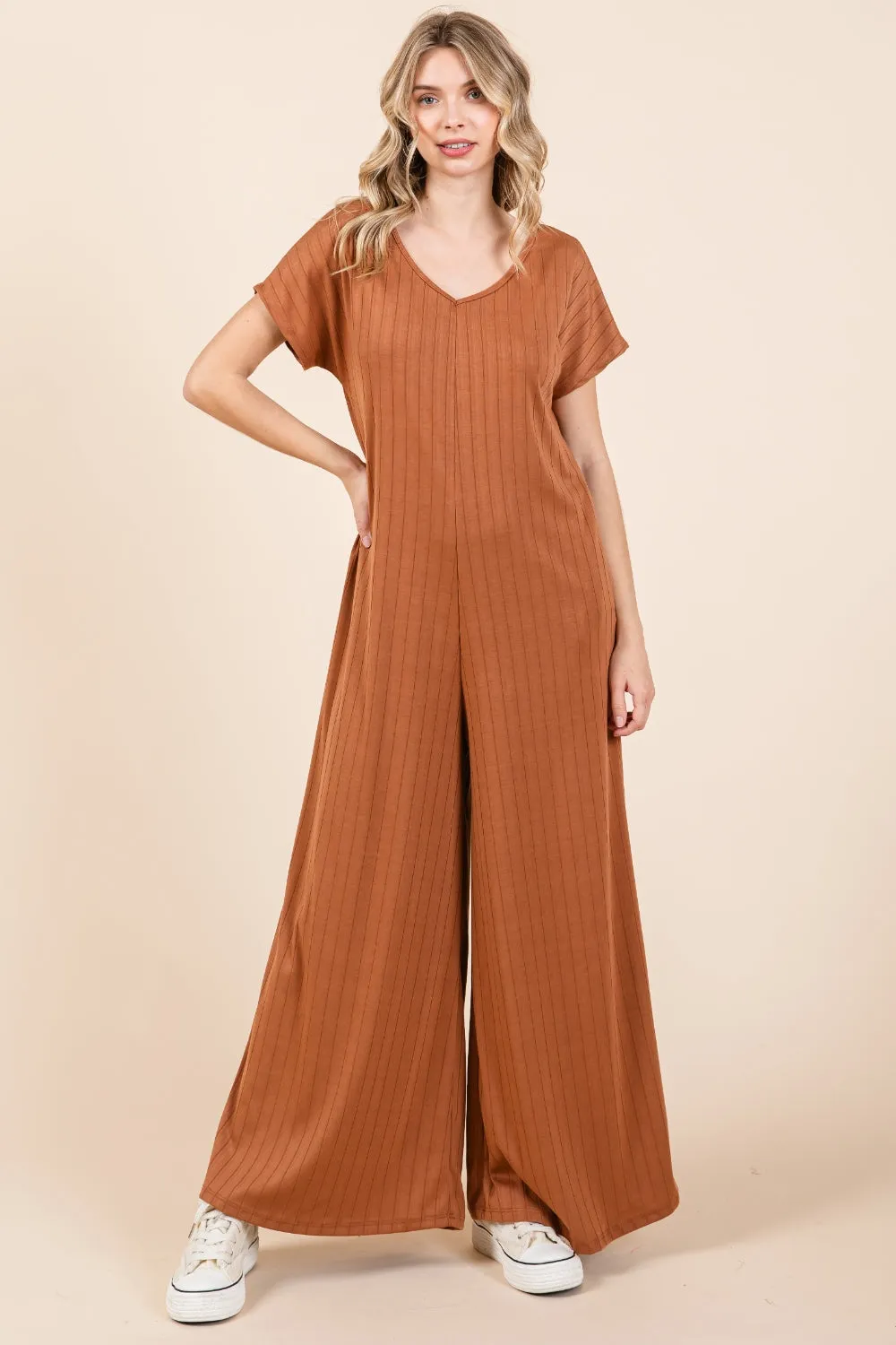 BOMBOM Ribbed Short Sleeve Wide Leg Jumpsuit