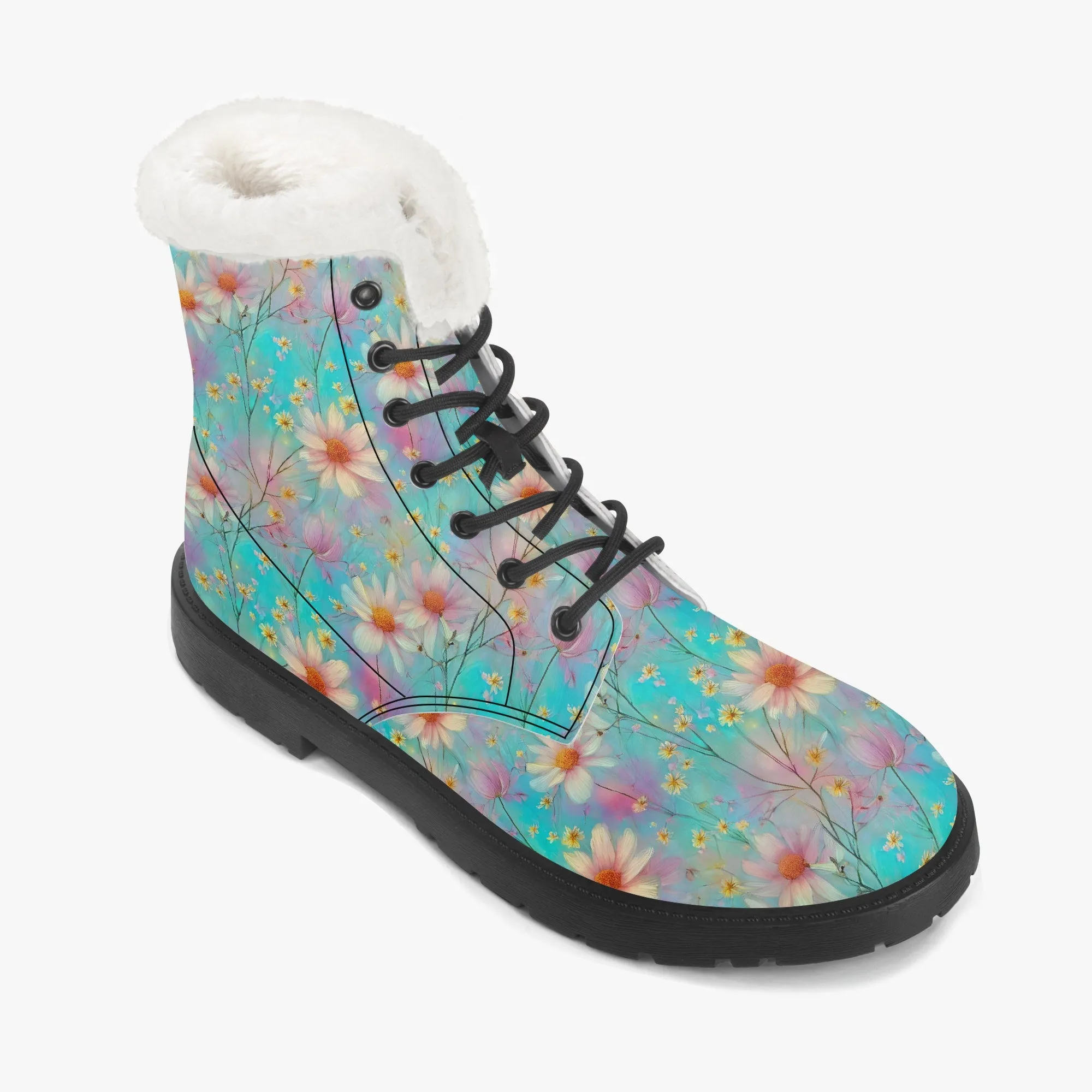 Faux Fur Leather Boots Floral Wildflowers