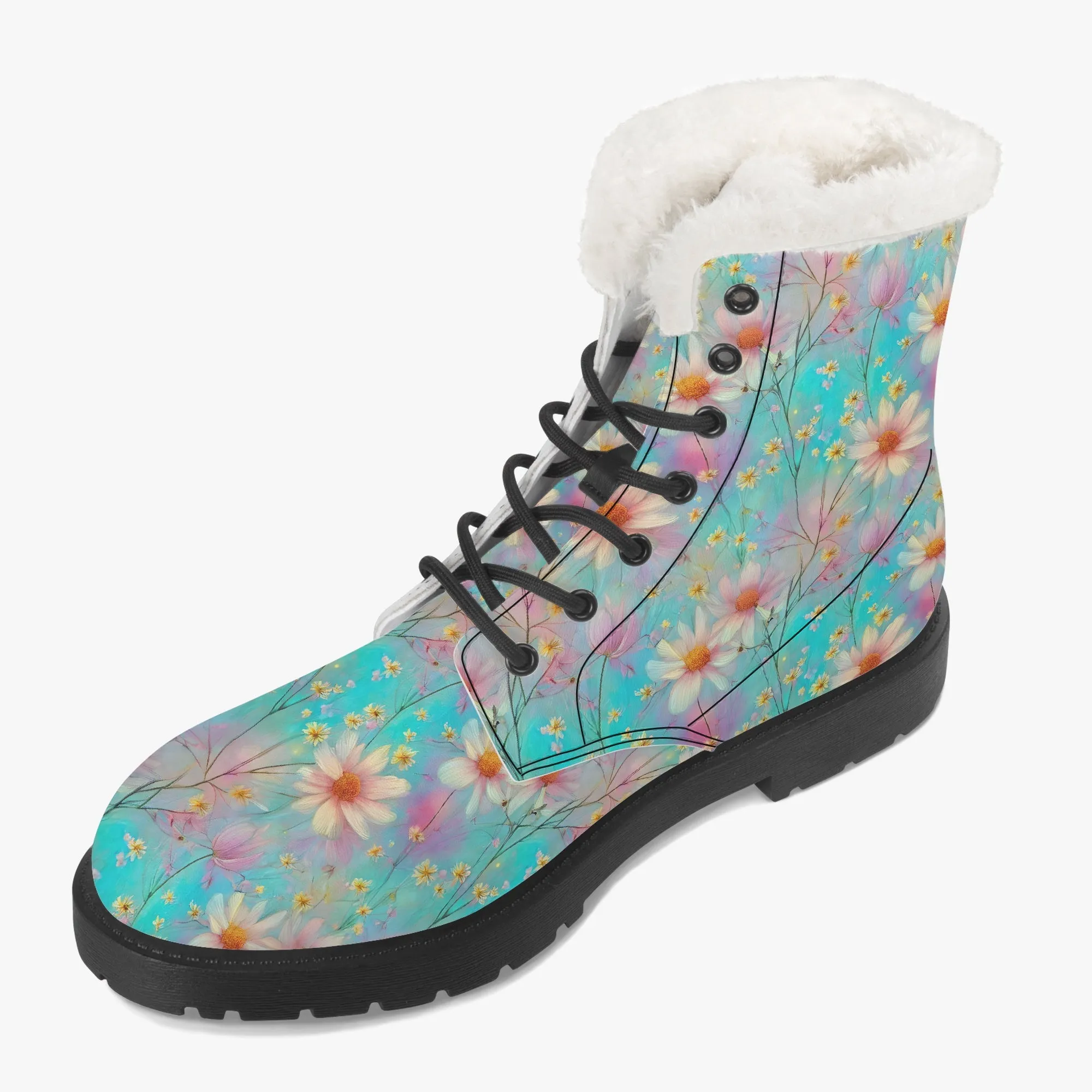 Faux Fur Leather Boots Floral Wildflowers