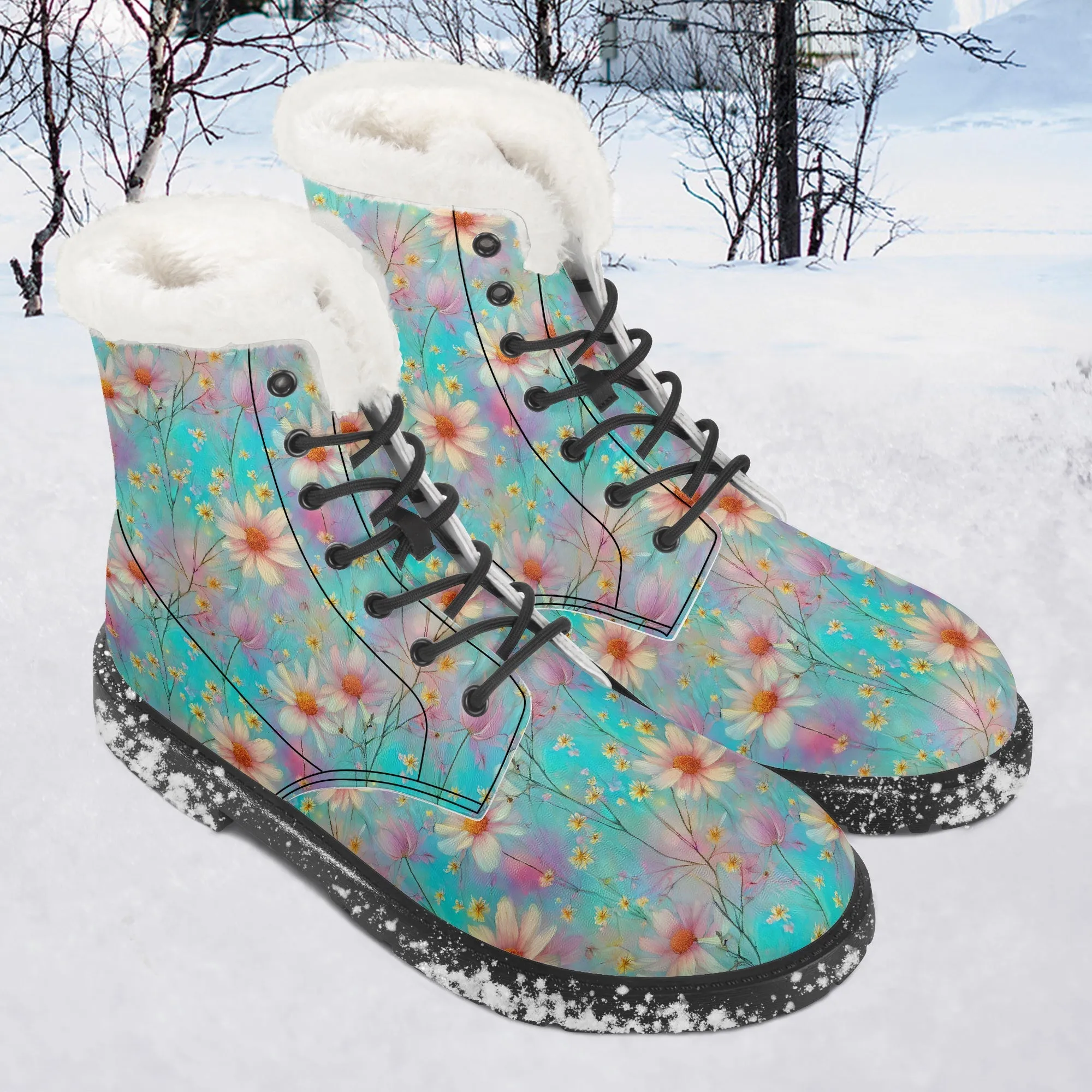 Faux Fur Leather Boots Floral Wildflowers