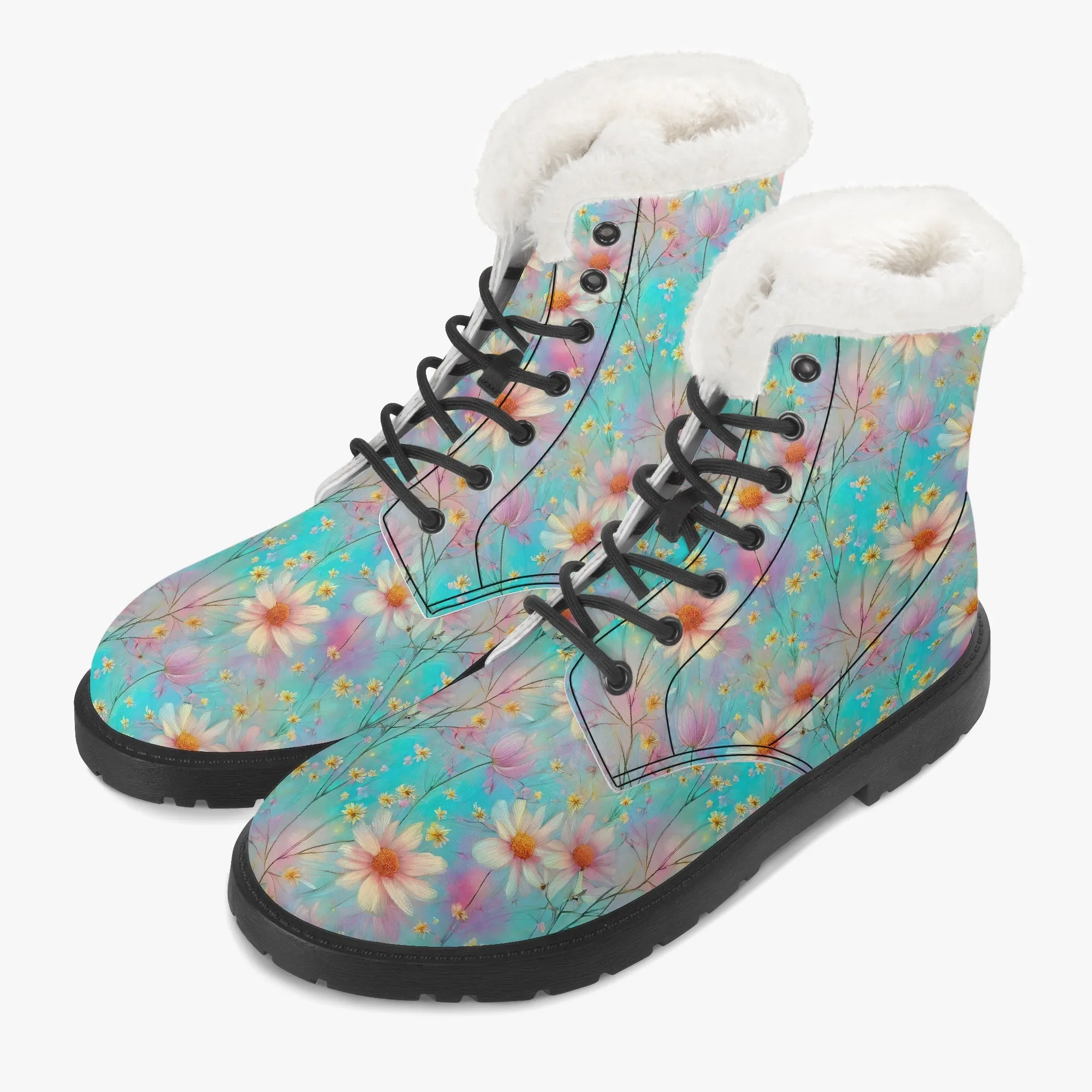 Faux Fur Leather Boots Floral Wildflowers