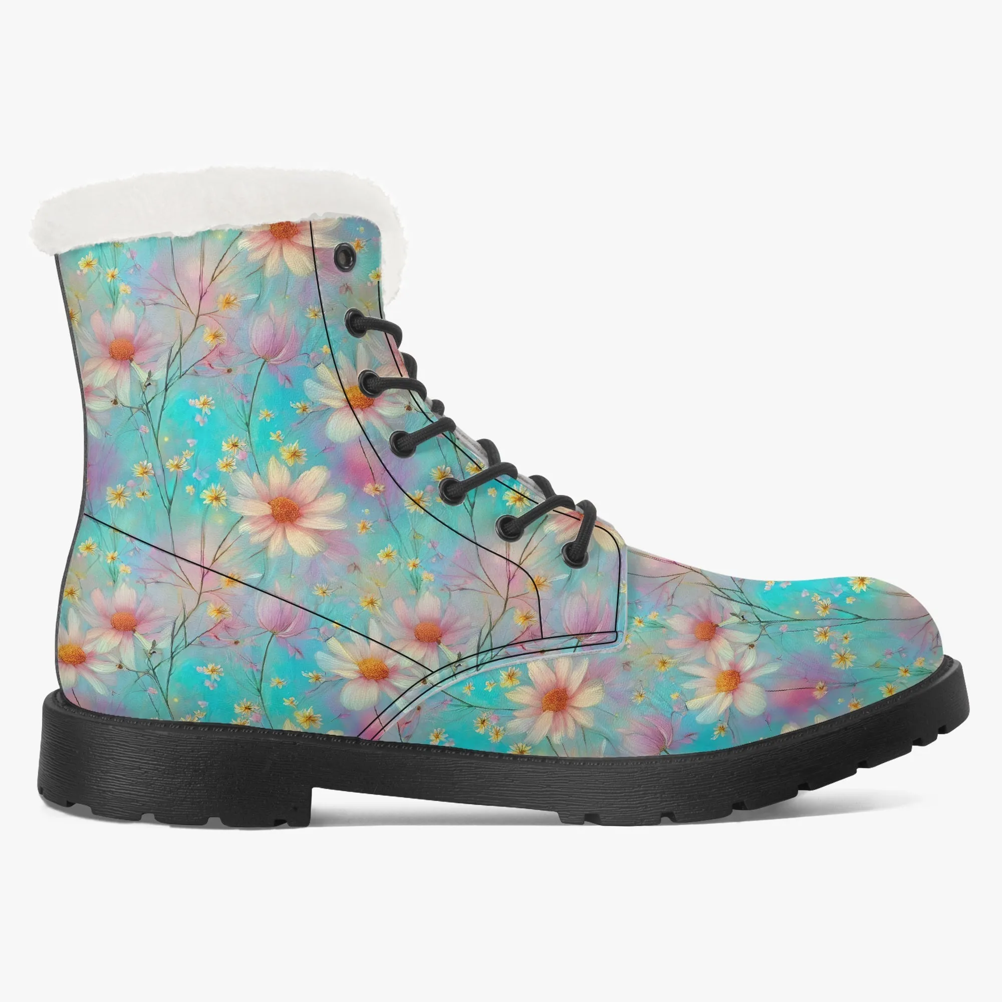 Faux Fur Leather Boots Floral Wildflowers