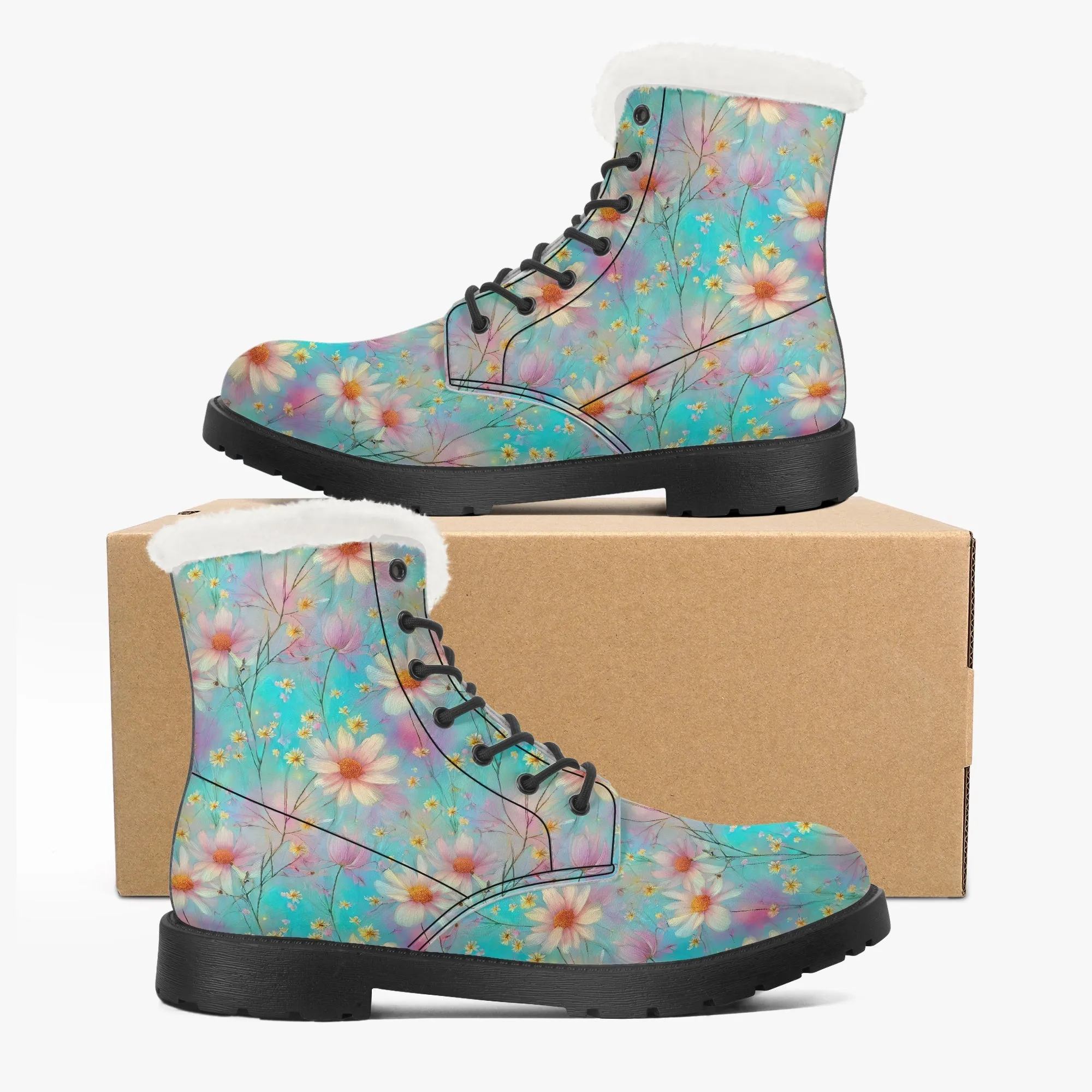 Faux Fur Leather Boots Floral Wildflowers