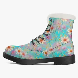 Faux Fur Leather Boots Floral Wildflowers