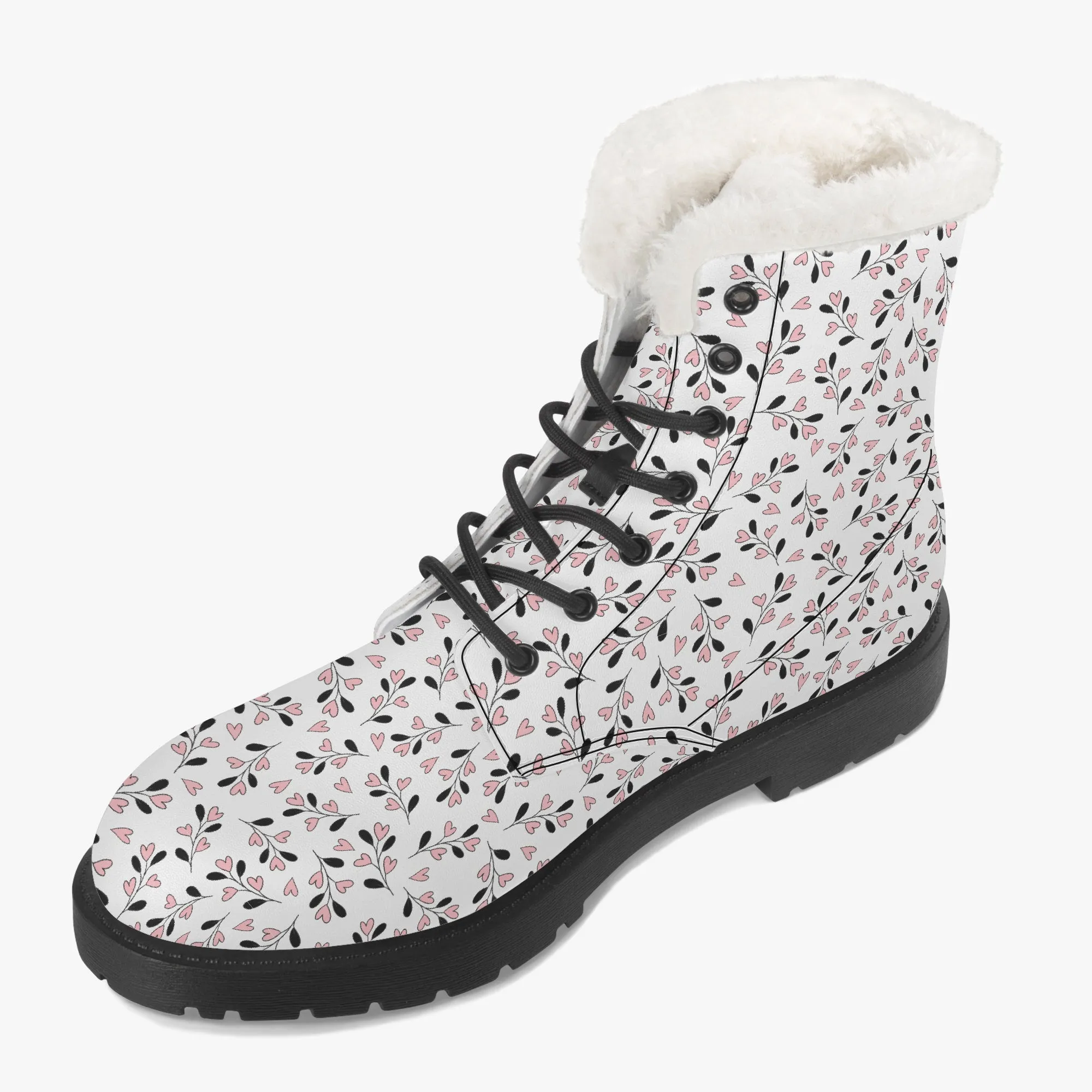 Faux Fur Leather Boots Heart Leaves