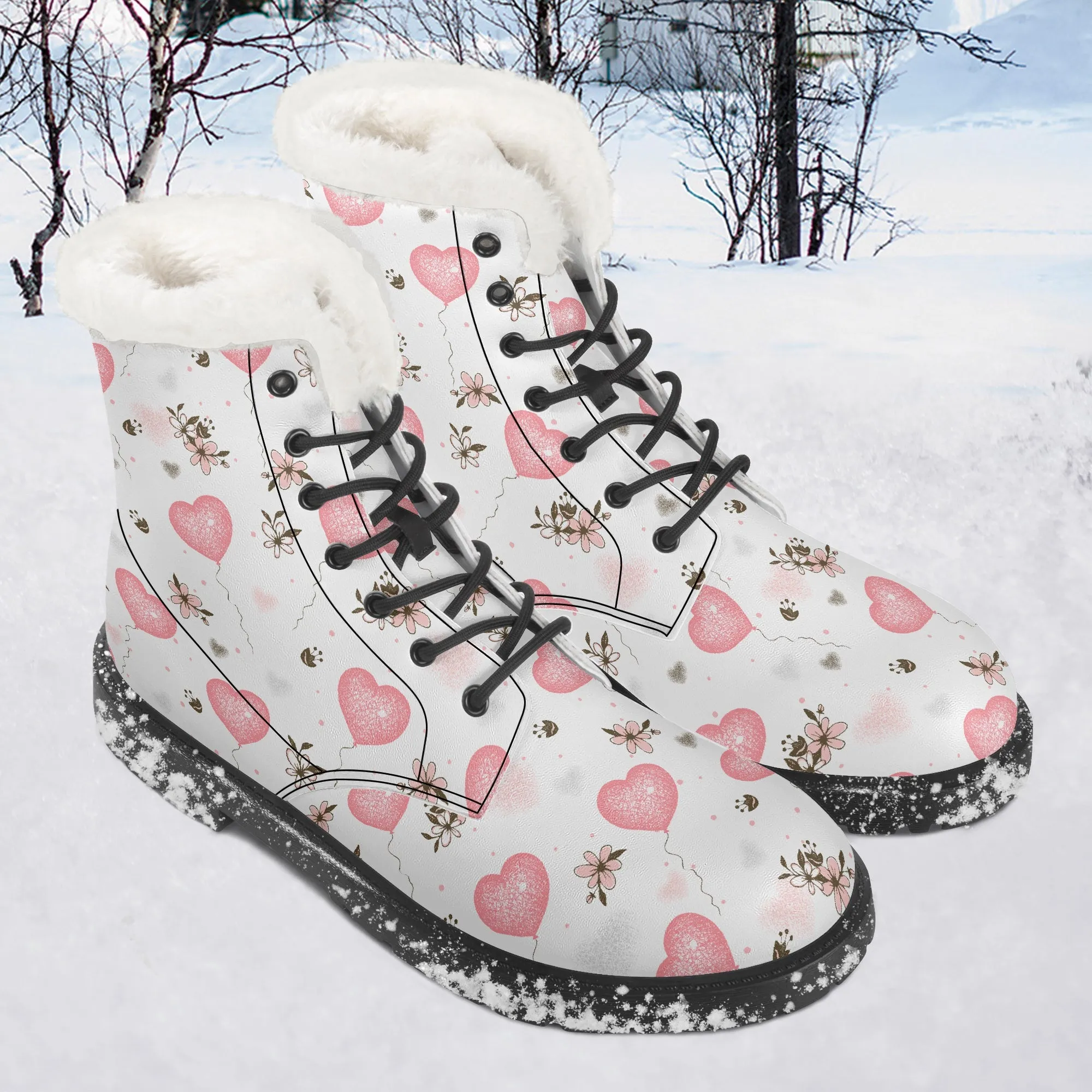 Faux Fur Leather Boots Pink Hearts