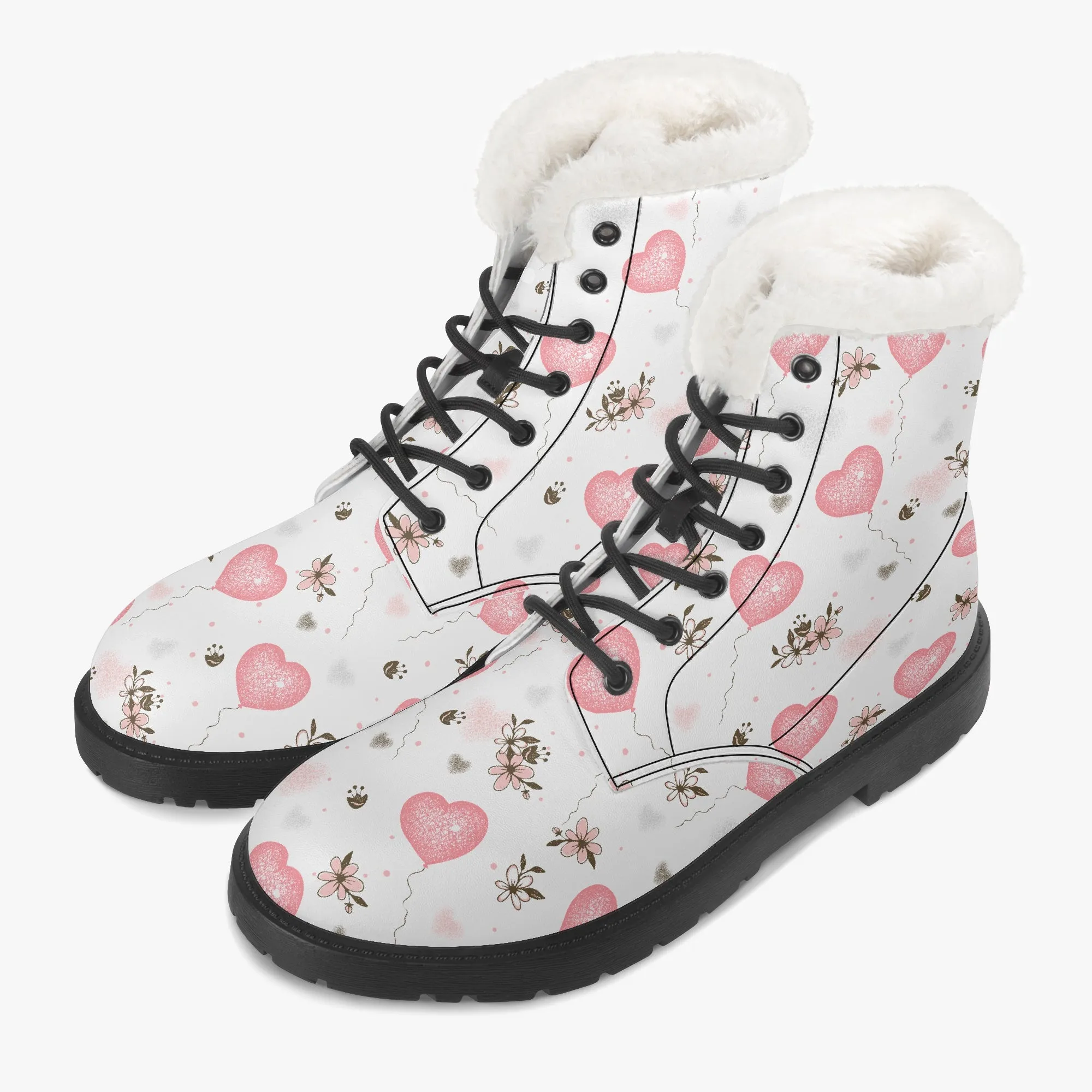 Faux Fur Leather Boots Pink Hearts