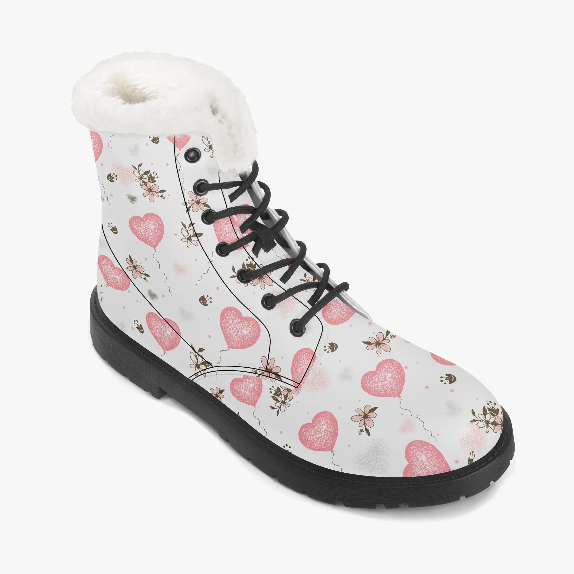 Faux Fur Leather Boots Pink Hearts