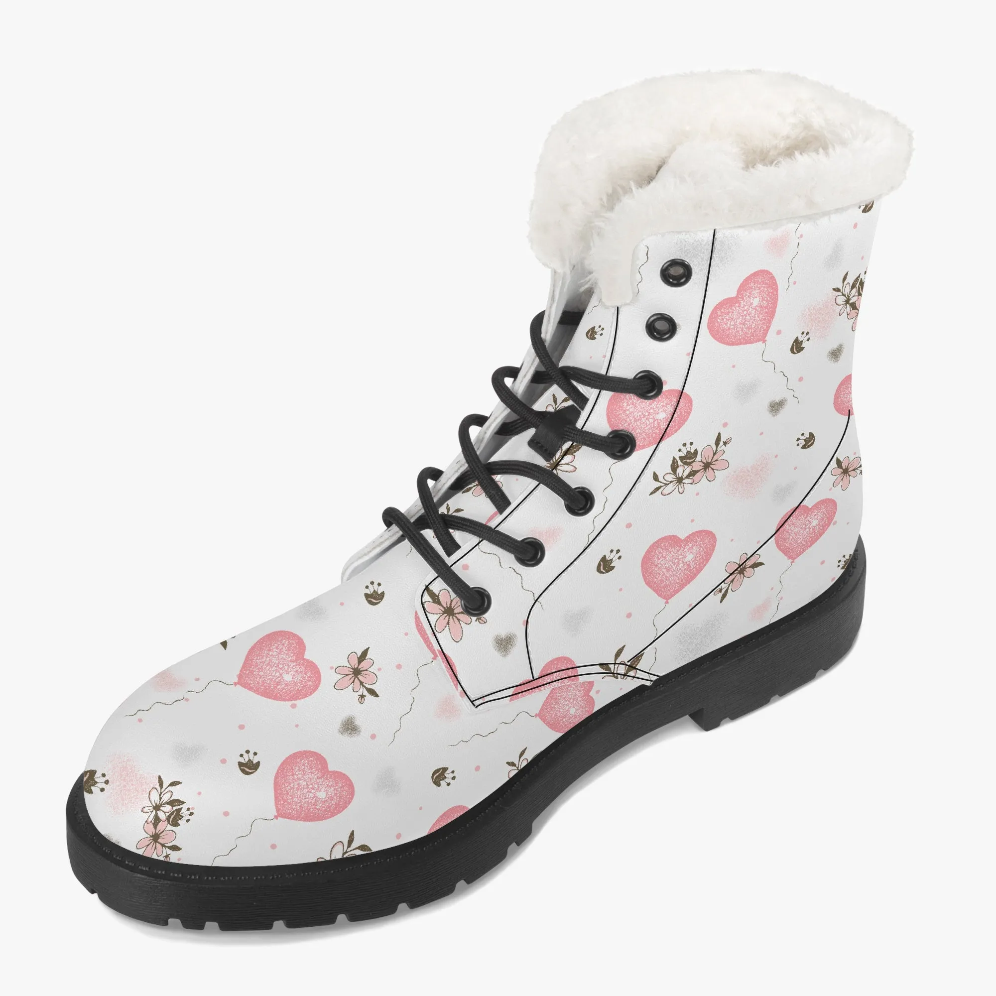 Faux Fur Leather Boots Pink Hearts