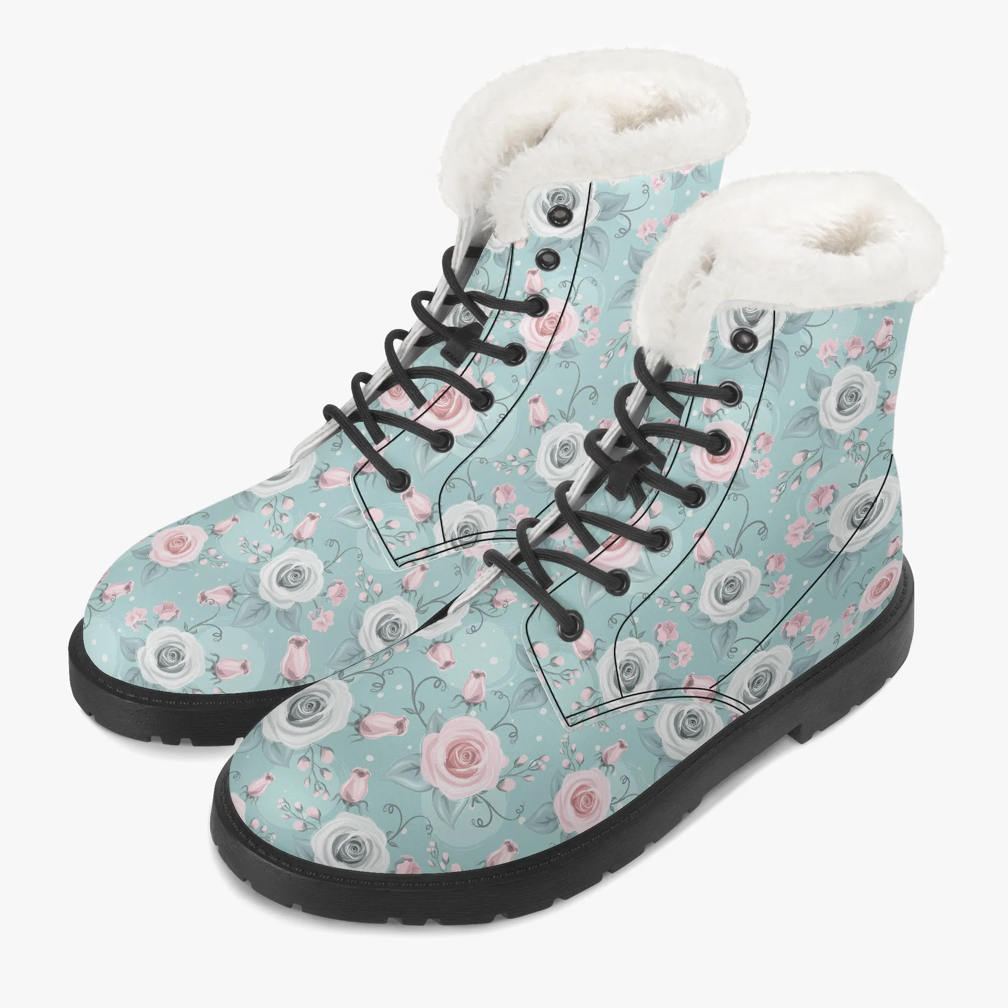 Faux Fur Leather Boots Roses