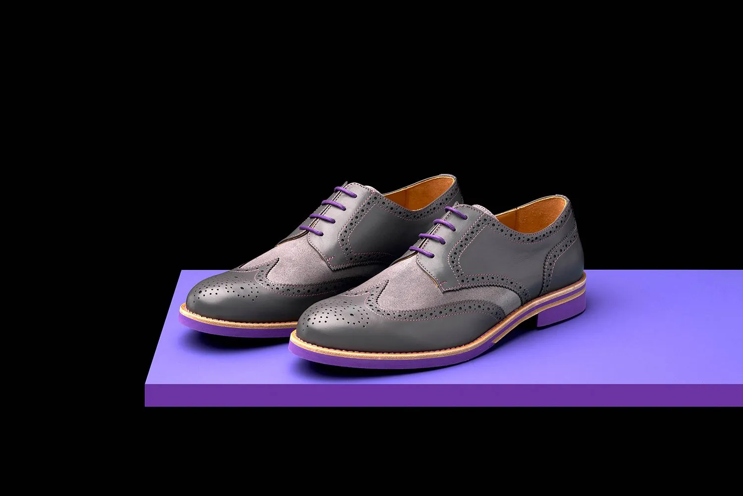 Mens Grey & Purple Leather Wingtip Dress Shoes