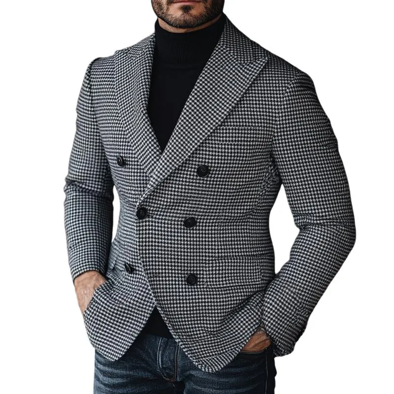 Men's Vintage Houndstooth Lapel Double Breasted Blazer 97929884Y