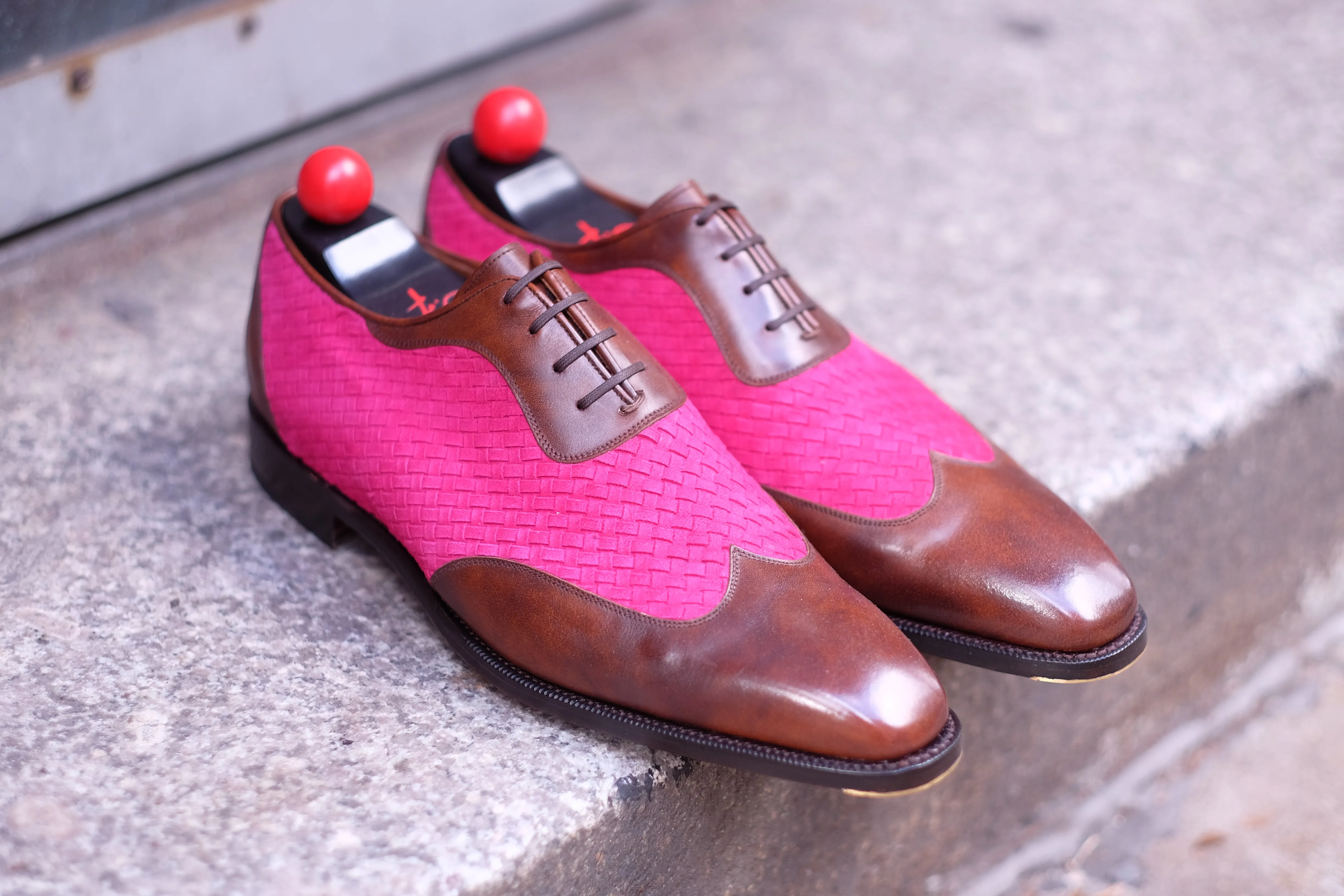 Rainier - MTO - Walnut Museum Calf / Hot Pink Braided Suede - LPB Last - Single Leather Sole