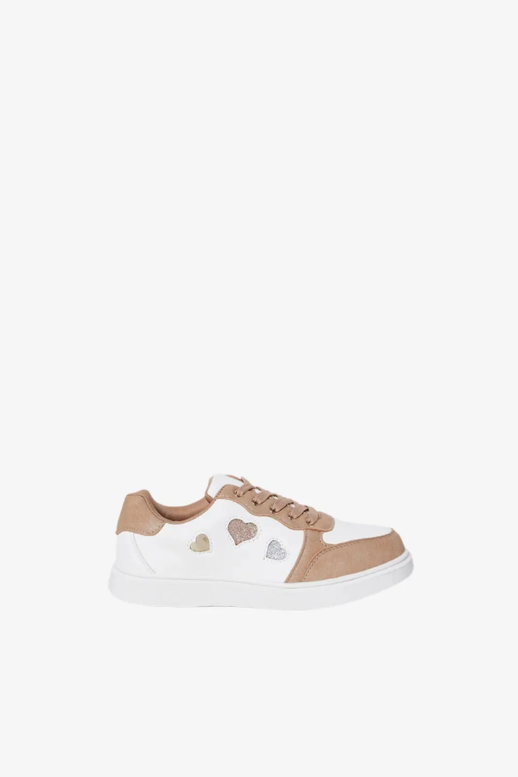 Senior Girls White And Beige Heart Patch Sneakers