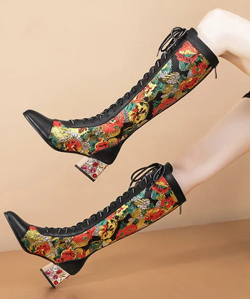 Stylish Black Boots Lace Up Print Genuine Leather Chunky Boots RT1068