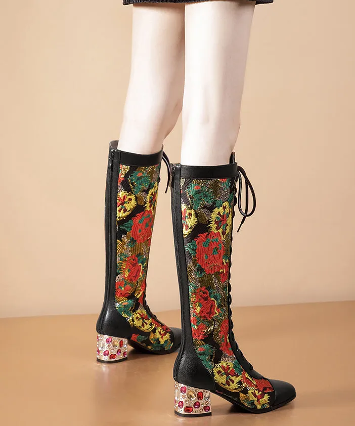 Stylish Black Boots Lace Up Print Genuine Leather Chunky Boots RT1068