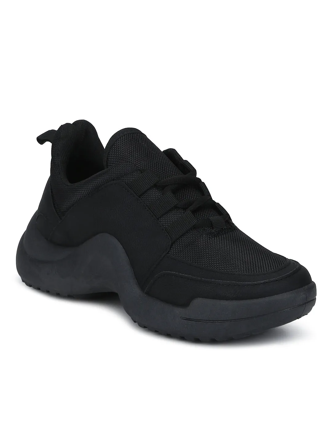 Total Black PU Cleated Bottom Lace-Up Sneakers