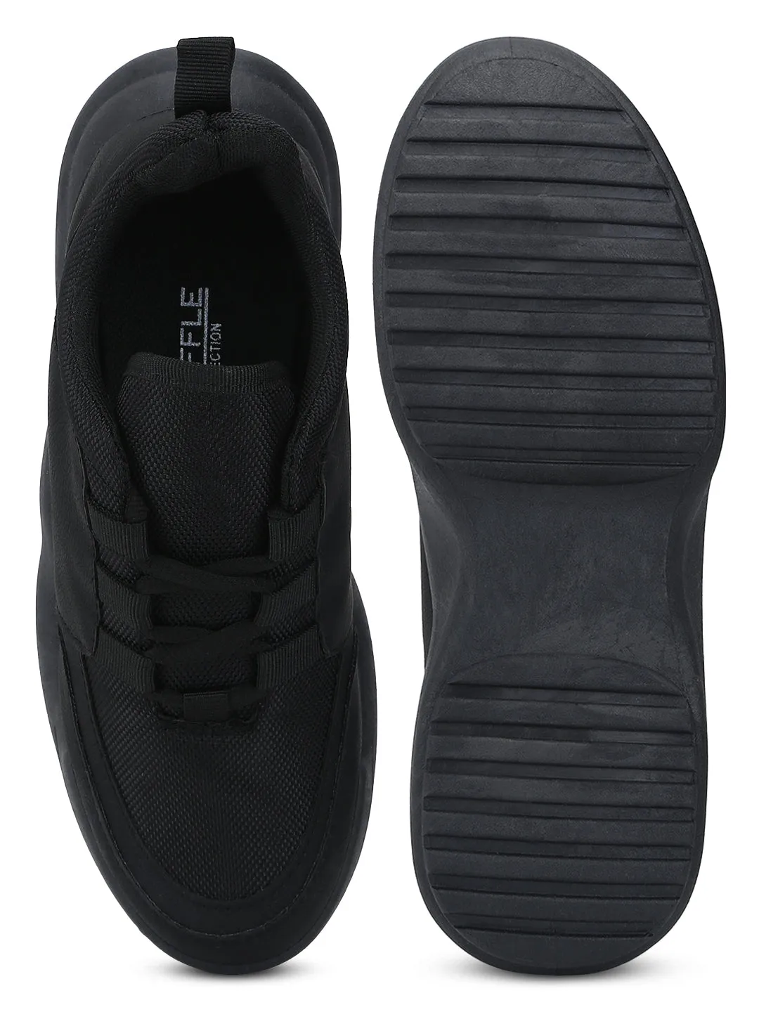 Total Black PU Cleated Bottom Lace-Up Sneakers