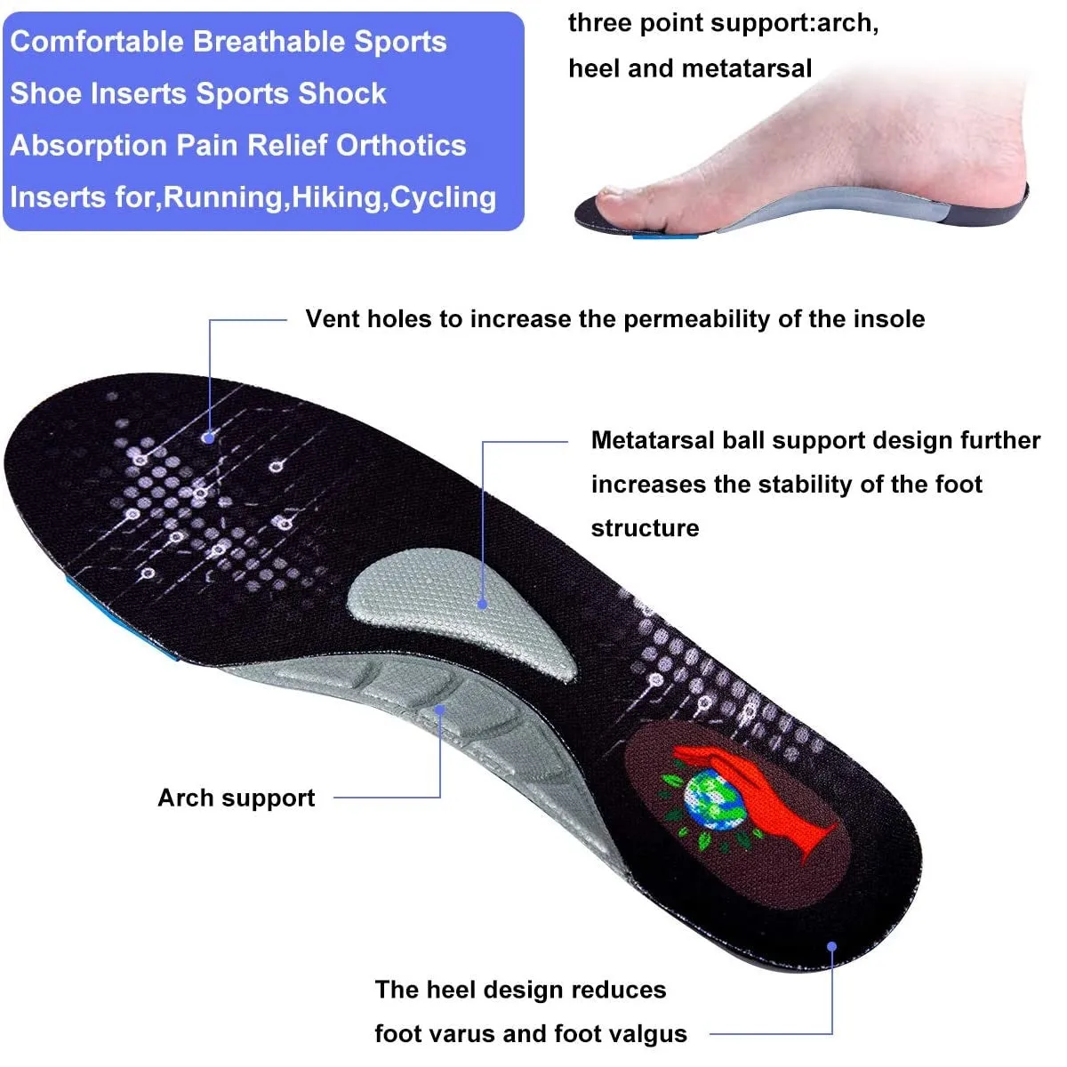 XiFan96 | Shoe Insoles for Men and Women | Flat Feet Plantar Fasciitis Arch Support for Walking, Running, Hiking